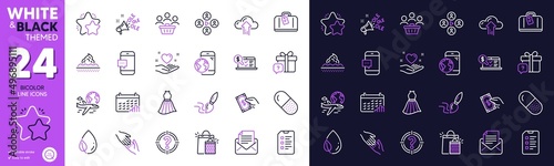 Brush, Hand baggage and Helping hand line icons for website, printing. Collection of Ole chant, Checklist, Video conference icons. Online accounting, Mail correspondence. Bicolor outline icon. Vector