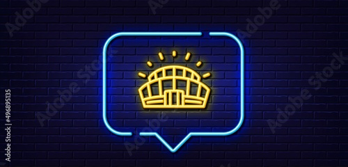 Neon light speech bubble. Sports stadium line icon. Arena sign. Sport complex symbol. Neon light background. Sports stadium glow line. Brick wall banner. Vector
