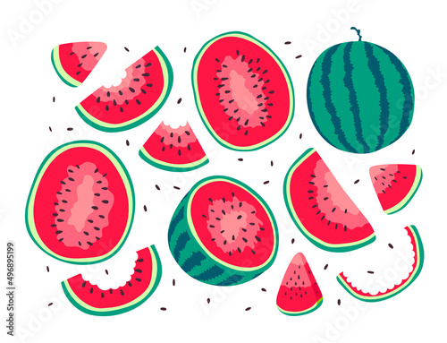 Fototapeta Naklejka Na Ścianę i Meble -  Big hand drawn vector watermelons icons set. Cartoon watermelon red slices, half sliced and whole green striped watermelons on white background. Cute flat summer fresh fruits