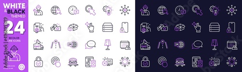 Food delivery, 24h service and Stars line icons for website, printing. Collection of Move gesture, Loyalty gift, Road icons. Certificate, Social media, Delivery web elements. Fake news. Vector