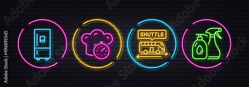 Cooking timer, Shuttle bus and Refrigerator minimal line icons. Neon laser 3d lights. Cleaning liquids icons. For web, application, printing. Stopwatch, Terminal transfer, Fridge ice maker. Vector