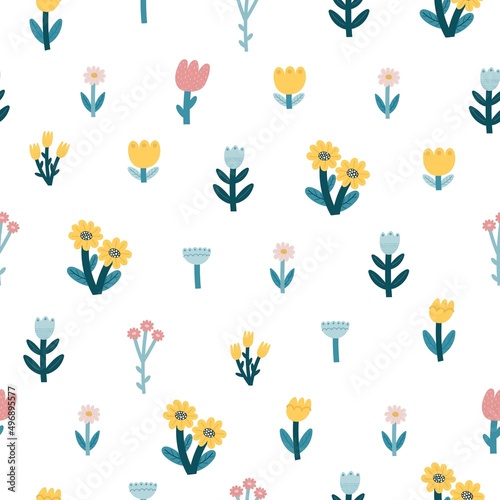 seamless pattern with cartoon flowers. colorful vector, hand drawing. design for fabric, print, textile, wrapper