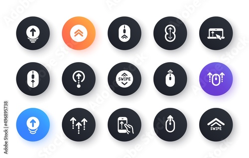 Swipe up icons. Scrolling mouse, landing page swipe signs. Scroll up mobile device technology icons. Website scroll navigation. Classic set. Circle web buttons. Vector