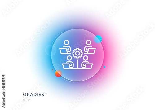 Teamwork line icon. Gradient blur button with glassmorphism. Remote office sign. Networking team employees symbol. Transparent glass design. Teamwork line icon. Vector © blankstock