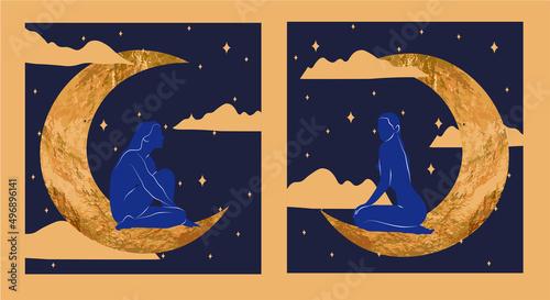 Cute girl sitting on moon. Romantic dreams with night sky and stars. Trendy female abstract print design, decoration art work template. Design for tarot card cover, postcard