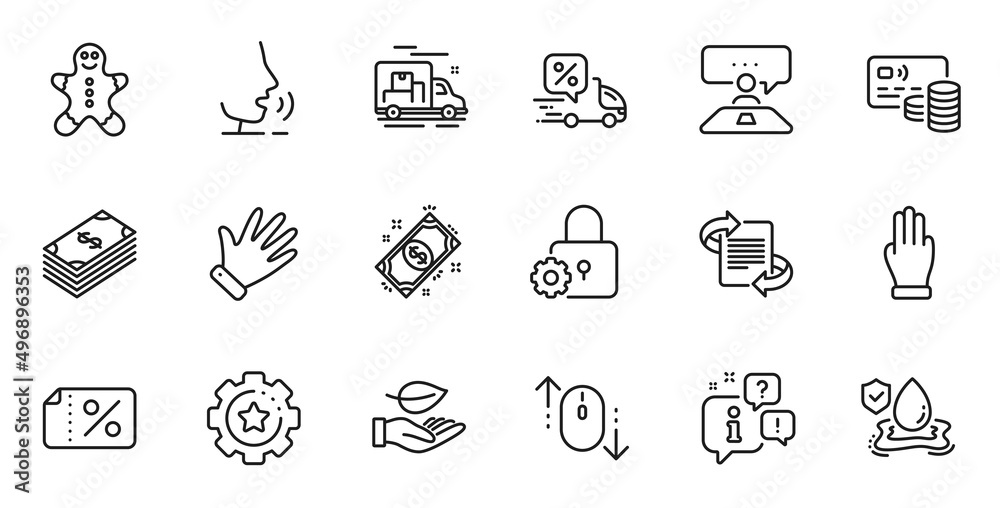 Outline set of Lock, Leaf and Marketing line icons for web application. Talk, information, delivery truck outline icon. Include Flood insurance, Payment, Scroll down icons. Vector Outline set of Lock, Leaf and Marketing line icons for web application. Talk, information, delivery truck outline icon. Include Flood insurance, Payment, Scroll down icons. Vector