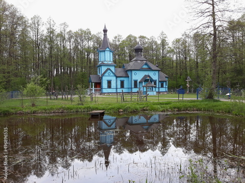 Blue wooden orthodox church in Koterka, Podlasie region of Poland