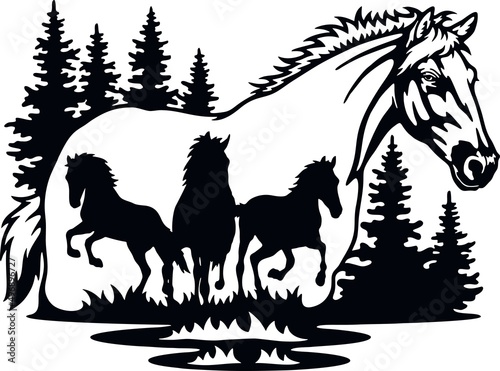 Horse, Herd Of Horses - Wildlife Stencils - Horse Silhouette, Wildlife clipart isolated on white