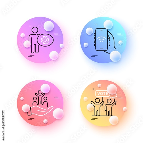Voting campaign, Cogwheel and Inclusion minimal line icons. 3d spheres or balls buttons. Internet app icons. For web, application, printing. People rally, Engineering tool, Equity justice. Vector