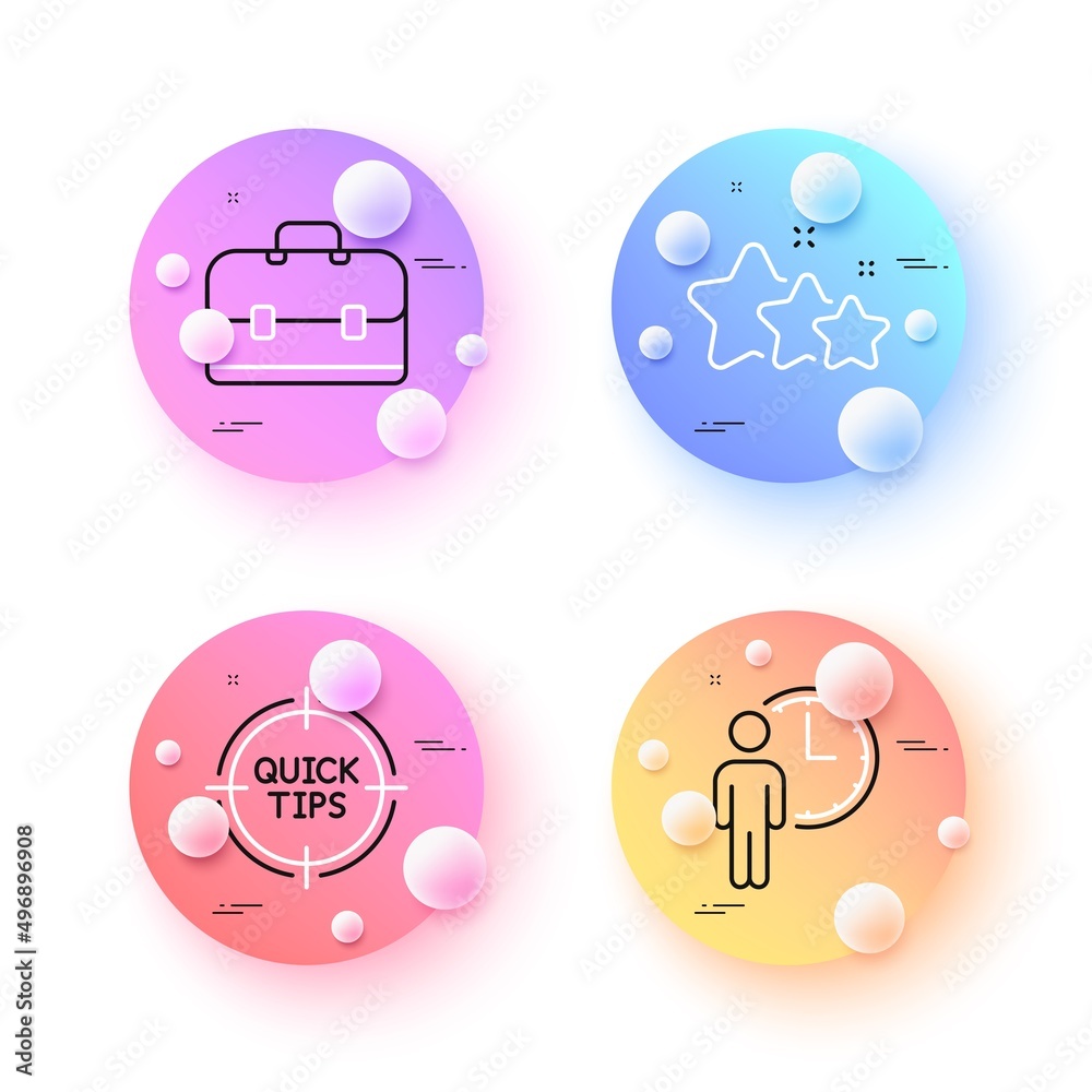 Waiting, Portfolio and Tips minimal line icons. 3d spheres or balls buttons. Stars icons. For web, application, printing. Service time, Business case, Quick tricks. Ranking stars. Vector Waiting, Portfolio and Tips minimal line icons. 3d spheres or balls buttons. Stars icons. For web, application, printing. Service time, Business case, Quick tricks. Ranking stars. Vector