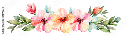 Watercolor illustration. Floral border collected from pink and peach flowers, with greenery on a white background