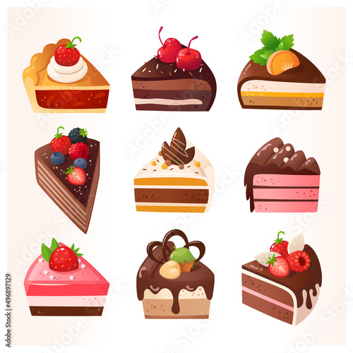 Bakery and pastry desserts with chocolate vanilla caramel and strawberry cherry flavours. Vector isolated images of cakes and pie decorated with fruit, chocolate nuts. Cute icons for menu designs. 