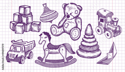 Baby toys cute vector illustrations. Set of hand drawn icons for children
