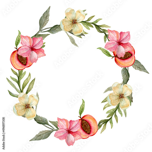 Spring watercolor wreath .Hand drawn pink, white flowers and peach halves gathered in a circle