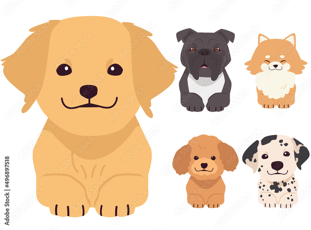Fototapeta premium A row of the tops of heads of dogs with paws up, peeking over. Illustration of kawaii dog and pet in flat vector style.