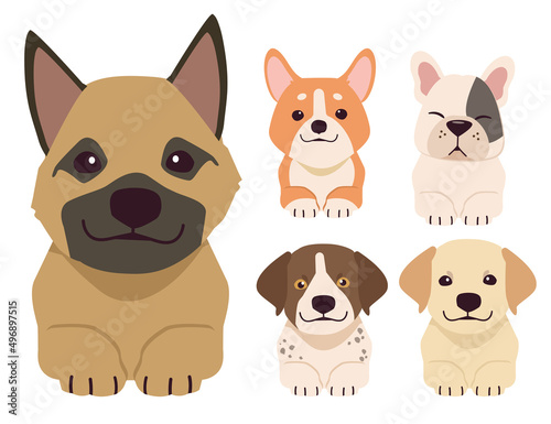 A row of the tops of heads of dogs with paws up, peeking over. Illustration of kawaii dog and pet in flat vector style.