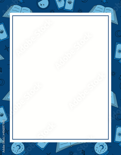 magic blue template frame of fortune-telling cards, books, potions, magic wand with an empty rectangle