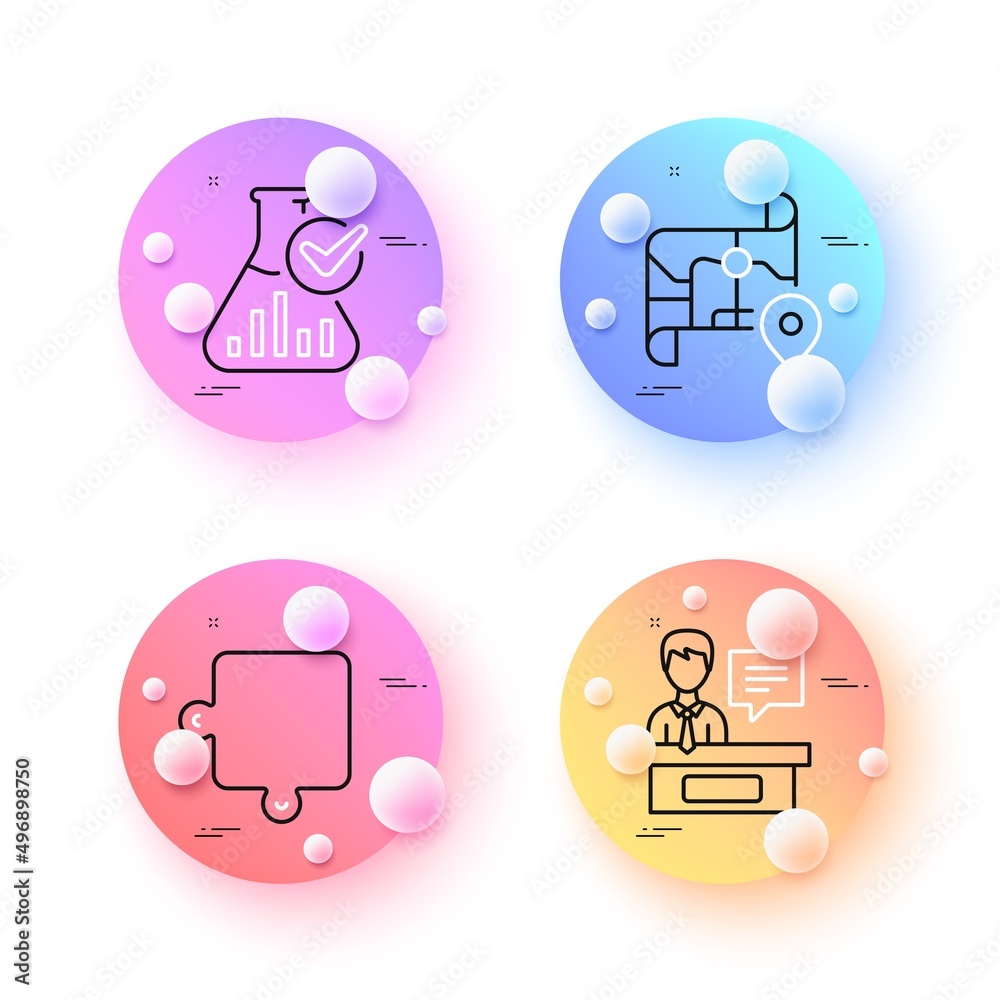Puzzle, Map and Chemistry lab minimal line icons. 3d spheres or balls buttons. Exhibitors icons. For web, application, printing. Puzzle piece, Journey road, Laboratory flask. Information desk. Vector Puzzle, Map and Chemistry lab minimal line icons. 3d spheres or balls buttons. Exhibitors icons. For web, application, printing. Puzzle piece, Journey road, Laboratory flask. Information desk. Vector
