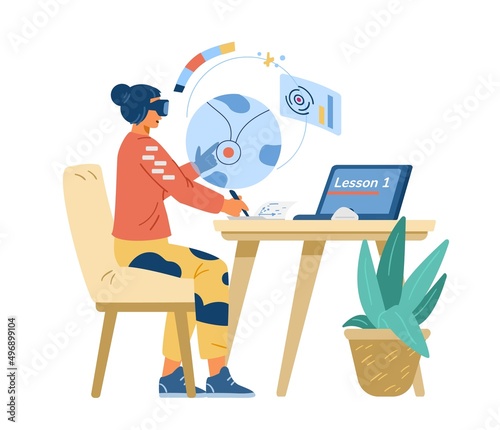 Woman in VR headset learning and making notes flat vector illustration. Education in metavesre concept.