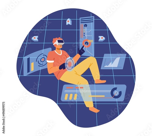 Man in VR headset flying in metaverse. Dealing with statistics and data in virtual reality concept.