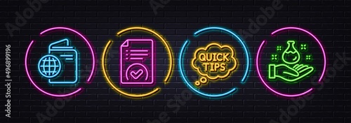 Approved document, Travel passport and Quick tips minimal line icons. Neon laser 3d lights. Chemistry lab icons. For web, application, printing. Vector