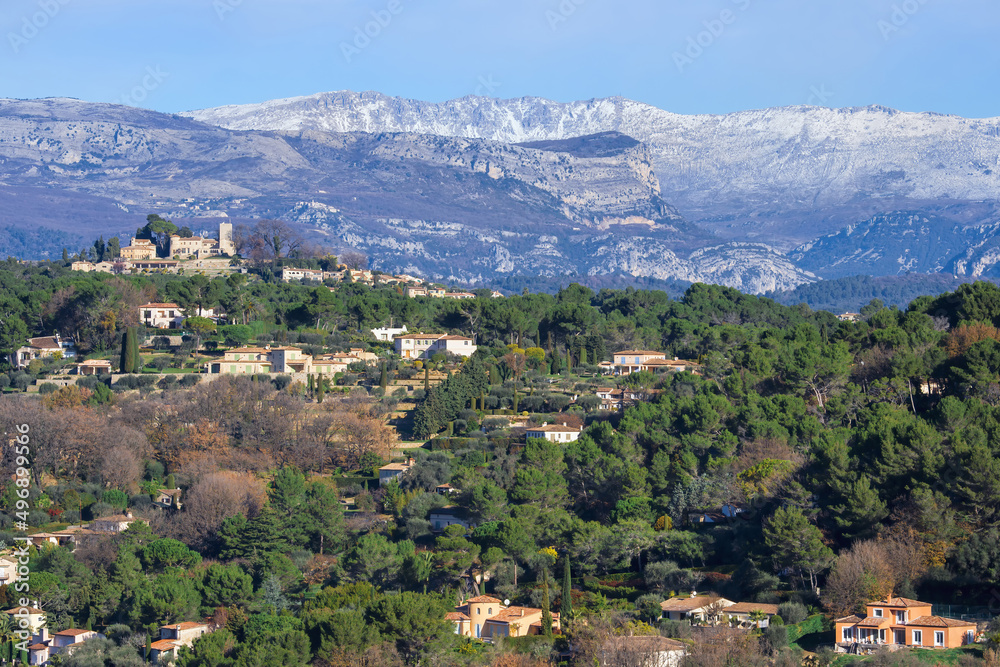 View over the old village of Mougins and the snow-covered Alpes, Mougins, Alpes-Maritimes Department, Cote d’Azur, France