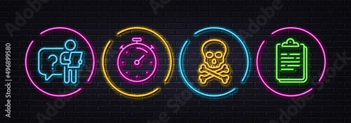 Chemical hazard, Search employee and Timer minimal line icons. Neon laser 3d lights. Clipboard icons. For web, application, printing. Toxic death, Questions for candidate, Deadline management. Vector