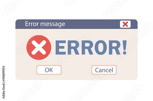 System error warning window. Warning message about fatal error. User interface sign. Crash report. Vector flat illustration