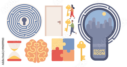 Quest room icon set. Escape room collection signs. Vector flat illustration