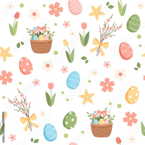 Spring easter pattern with cute elements - decorated eggs and flowers. Vector illustration in flat cartoon style