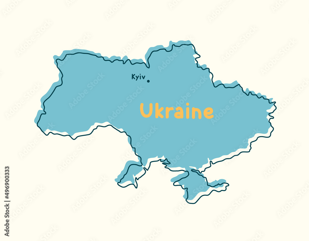 Hand-drawn map of Ukraine with text, and thin blue outline. Concept of Russia-Ukraine War, Russian war aggression, Ukrainian patriotism, integrity and independence.