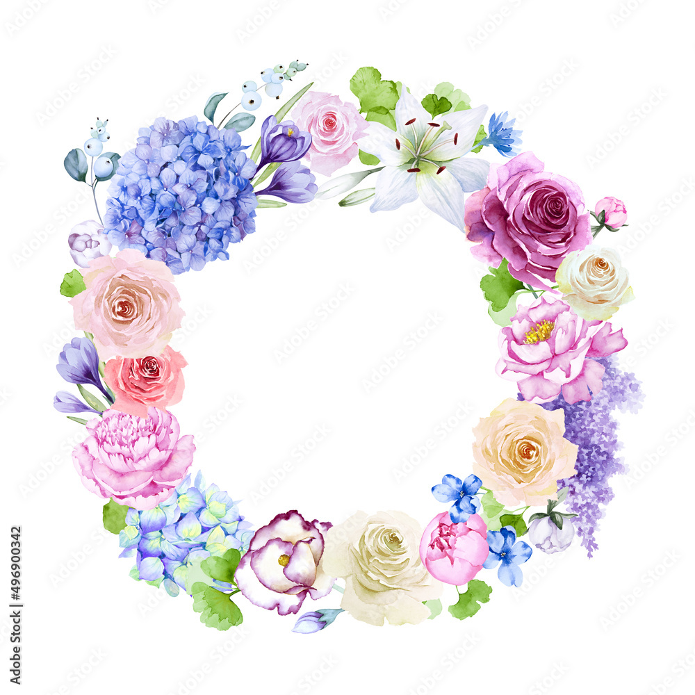 Floral round wreath of beige and red roses, pink peony, white lily, blue hydrangea and lilac flowers, leaves and berries isolated on white background. Hand drawn watercolor. Copy space.