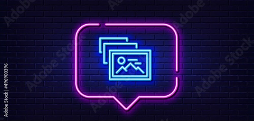 Neon light speech bubble. Photo album line icon. Image thumbnail sign. Picture gallery placeholder symbol. Neon light background. Photo album glow line. Brick wall banner. Vector