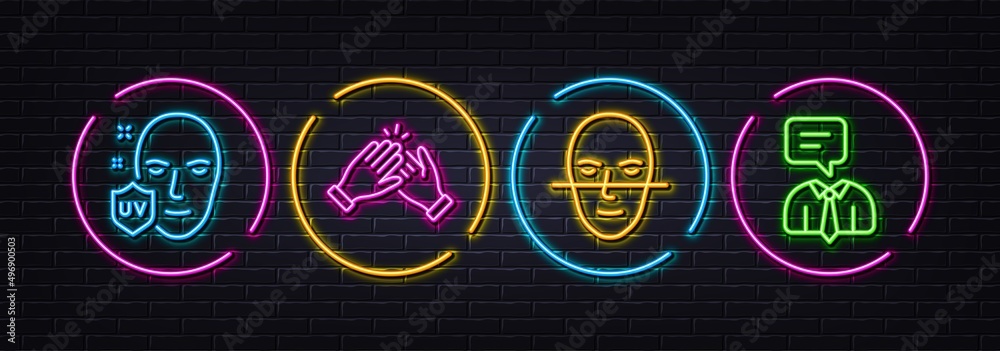 Uv protection, Clapping hands and Face recognition minimal line icons. Neon laser 3d lights. Support service icons. For web, application, printing. Ultraviolet, Clap, Faces biometrics. Vector