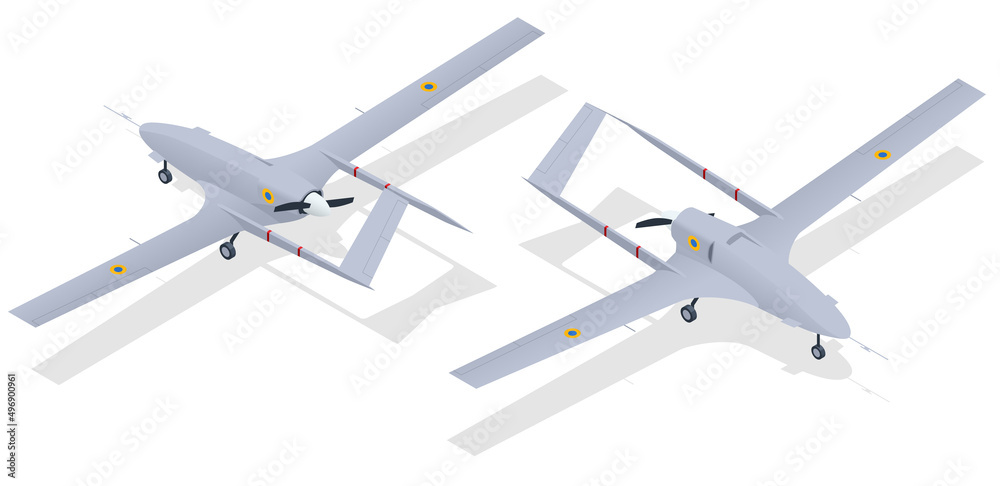 Isometric Unmanned combat aerial vehicle. Medium-altitude long-endurance MALE unmanned combat aerial vehicle UCAV capable of remotely controlled or autonomous flight operations.