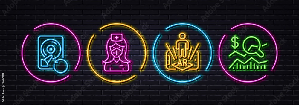 Nurse, Augmented reality and Recovery hdd minimal line icons. Neon laser 3d lights. Check investment icons. For web, application, printing. Medical mask, Phone simulation, Backup info. Vector