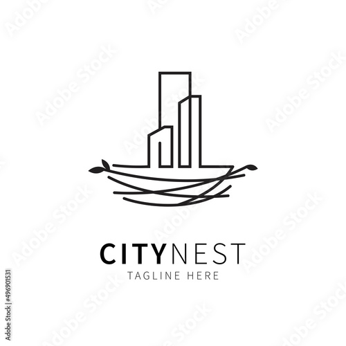 nest illustration with city line art. birdhouse symbol logo Vector