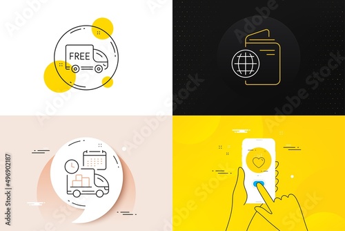 Minimal set of Travel passport, Delivery and Free delivery line icons. Phone screen, Quote banners. Heart icons. For web development. Trip document, Cargo schedule, Shopping truck. Love. Vector