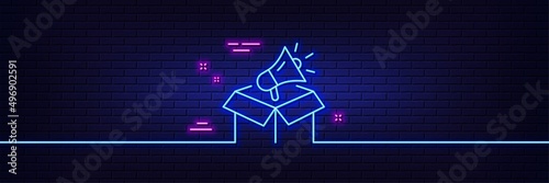 Neon light glow effect. Megaphone box line icon. Advertisement device symbol. Brand ambassador sign. 3d line neon glow icon. Brick wall banner. Megaphone box outline. Vector