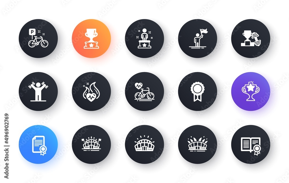 Minimal set of Reward, Arena stadium and Sports stadium flat icons for web development. Victory, Dumbbells workout, Bike icons. Cardio training, Certificate, Success web elements. Vector Minimal set of Reward, Arena stadium and Sports stadium flat icons for web development. Victory, Dumbbells workout, Bike icons. Cardio training, Certificate, Success web elements. Vector