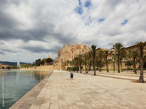 Beautiful parc de la mar (Sea park) with La Seu Cathedral in the background Palma, Mallorca, Balearic Islands, Spain