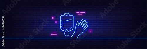 Neon light glow effect. Donate blood line icon. Medical donor sign. Plasma symbol. 3d line neon glow icon. Brick wall banner. Blood outline. Vector