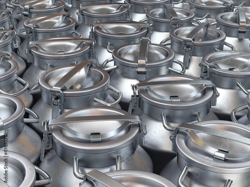 Group of silver milk cans, 3d render