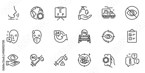 Outline set of Coronavirus, Vaccine attention and Usa close borders line icons for web application. Talk, information, delivery truck outline icon. Vector