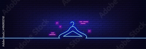 Neon light glow effect. Cloakroom line icon. Hanger wardrobe sign. Clothes service symbol. 3d line neon glow icon. Brick wall banner. Cloakroom outline. Vector