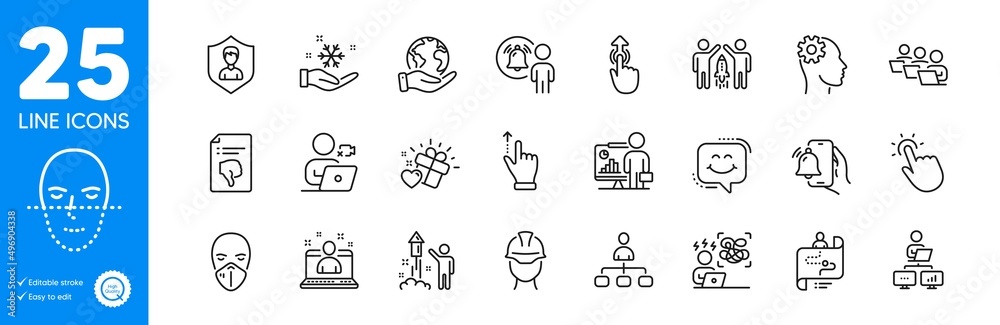 Outline icons set. Difficult stress, Video conference and Work home icons. Teamwork, Alarm clock, Face recognition web elements. Fireworks, Touchscreen gesture, Freezing signs. Vector