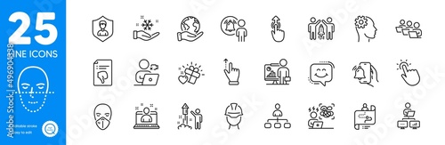 Outline icons set. Difficult stress, Video conference and Work home icons. Teamwork, Alarm clock, Face recognition web elements. Fireworks, Touchscreen gesture, Freezing signs. Vector