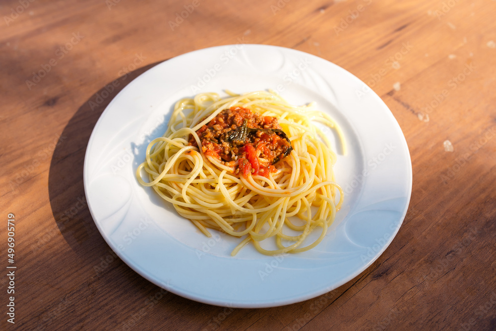 Pasta with salmon. Restaurant menu of fine cuisine. French cuisine. A signature dish from the chef.