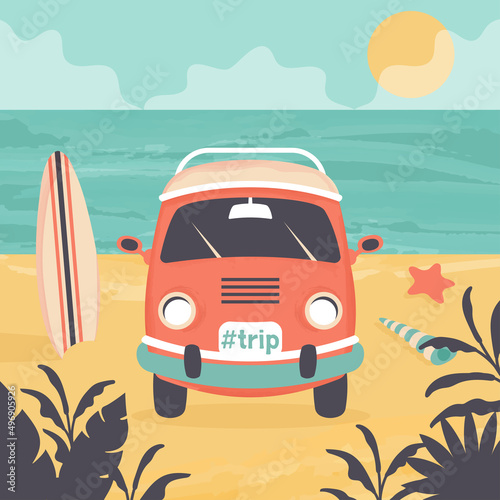 Family car trip. Summer beach background with bus camper, surfboards, tropical exotic leaves, starfish, seashells, ocean. Travel by minibus concept. Vector cartoon flat illustration