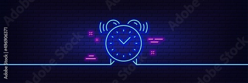 Neon light glow effect. Alarm clock line icon. Time or watch sign. 3d line neon glow icon. Brick wall banner. Alarm clock outline. Vector
